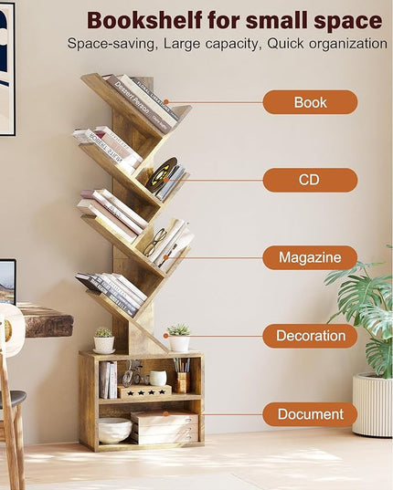 SUNMORY 6 Tier Tree Bookshelf, Small Bookcase with Storage Cabinet, Modern Tall Narrow Bookshelves Organizer, Floor Standing Book Shelf for Bedroom/Living Room/Home Office/Corner, Rustic Brown - LeafyLoom