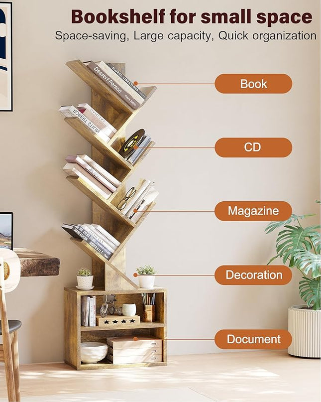 SUNMORY 6 Tier Tree Bookshelf, Small Bookcase with Storage Cabinet, Modern Tall Narrow Bookshelves Organizer, Floor Standing Book Shelf for Bedroom/Living Room/Home Office/Corner, Rustic Brown - LeafyLoom