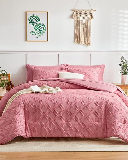 6 Pieces Tufted Bed in a Bag Twin Comforter Set with Sheets Pink, Soft and Embroidery Shabby Chic Boho Bohemian, Luxury Solid Color with Diamond Pattern, Jacquard Tufts Bedding Set for Kids Girls - LeafyLoom