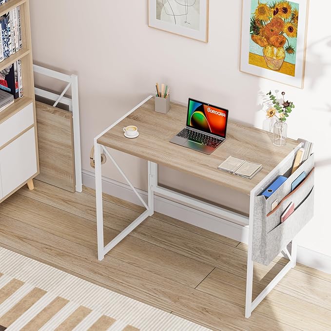 Folding Desk, Small Foldable Desk 31.5 Inch for Small Space, Computer Table Home Office Writing Desk with Storage Bag Headphone Hook, Easy Assembly, OAK - LeafyLoom