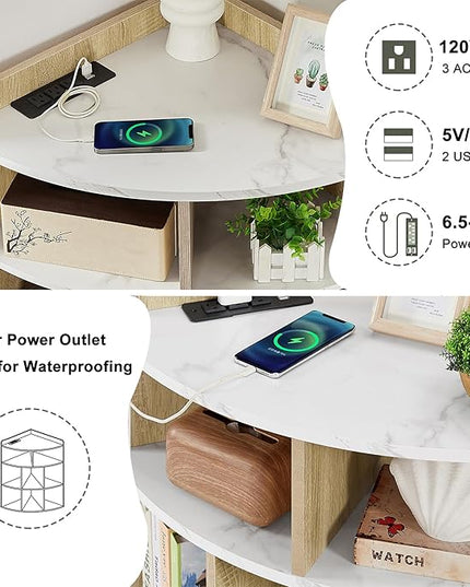 Vecelo Corner Cabinet with Charging Station, 3-Tier Cube Storage Organizer with USB Ports and Outlets, Triangle Bookcases Corner Shelf with 8 Cubbies for Playroom, Bedroom, Living Room, Marble White - LeafyLoom