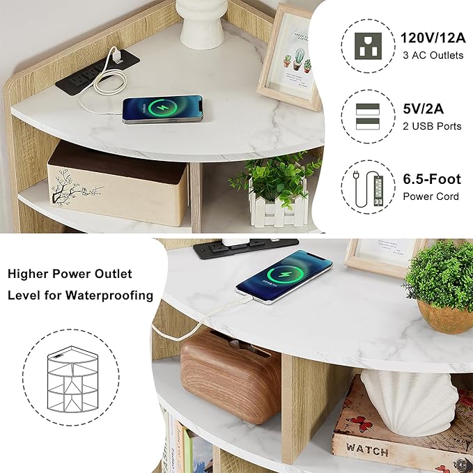 Vecelo Corner Cabinet with Charging Station, 3-Tier Cube Storage Organizer with USB Ports and Outlets, Triangle Bookcases Corner Shelf with 8 Cubbies for Playroom, Bedroom, Living Room, Marble White - LeafyLoom
