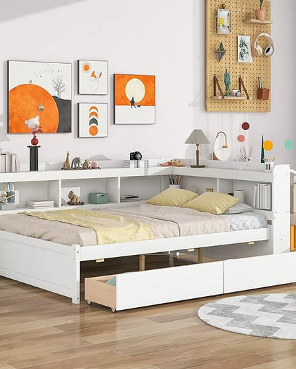 Full Size Bed with Storage Drawers and L-Shaped Bookcases, Wood Platform Bed Daybed Sofa Bed Frame with Headboard for Bedroom Living Room, White - LeafyLoom