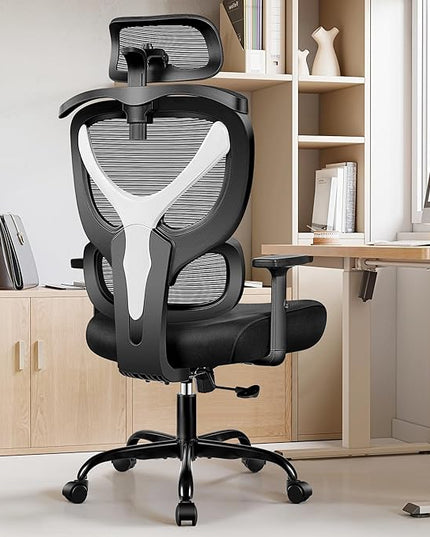 Office Chair Ergonomic Desk Chair Comfy Computer Chair, Big and Tall Home Office Chair with Back Support, Mesh Office Chair High Back Gaming Chair with Adjustable Armrest (White) - LeafyLoom