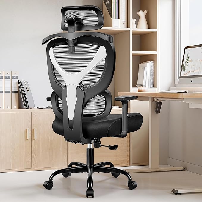 Office Chair Ergonomic Desk Chair Comfy Computer Chair, Big and Tall Home Office Chair with Back Support, Mesh Office Chair High Back Gaming Chair with Adjustable Armrest (White) - LeafyLoom