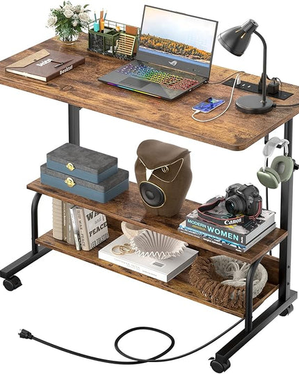 32" Height Adjustable Standing Desk with Power Outlets - Manual Rolling Stand Up Desk with Wheels Small Portable Computer Desk Mobile Laptop Table with Storage Shelves for Home Office, Rustic - LeafyLoom