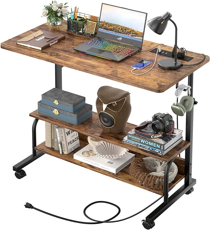 32" Height Adjustable Standing Desk with Power Outlets - Manual Rolling Stand Up Desk with Wheels Small Portable Computer Desk Mobile Laptop Table with Storage Shelves for Home Office, Rustic - LeafyLoom