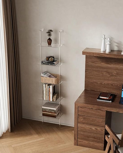 Small Acrylic Ladder Bookshelf, 9.5" D x 15.6" W, 5-Tier Clear Wall Mounted Book Shelf for Small Spaces, Multipurpose Bookcase for Living Room, Bathroom, Office, Modern, 73" H - LeafyLoom