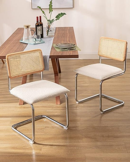 Zesthouse Mid Century Modern Dining Chairs Set of 2, Upholstered Boucle Kitchen Chairs, Famous Breuer Designed Chairs, Armless Accent Chairs with Natural Cane Back & Stainless Chrome Base - LeafyLoom