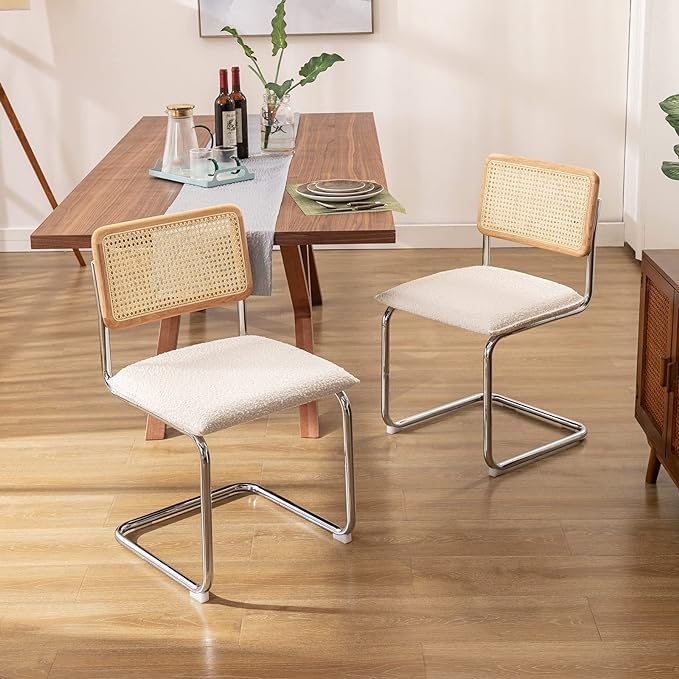 Zesthouse Mid Century Modern Dining Chairs Set of 2, Upholstered Boucle Kitchen Chairs, Famous Breuer Designed Chairs, Armless Accent Chairs with Natural Cane Back & Stainless Chrome Base - LeafyLoom