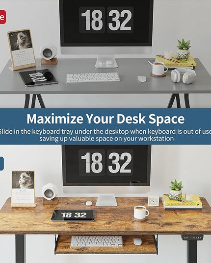 BANTI 48" x 24" Height Adjustable Electric Standing Desk with Keyboard Tray, Sit Stand up Desk with Splice Board, Black Frame/Rustic Brown Top - LeafyLoom
