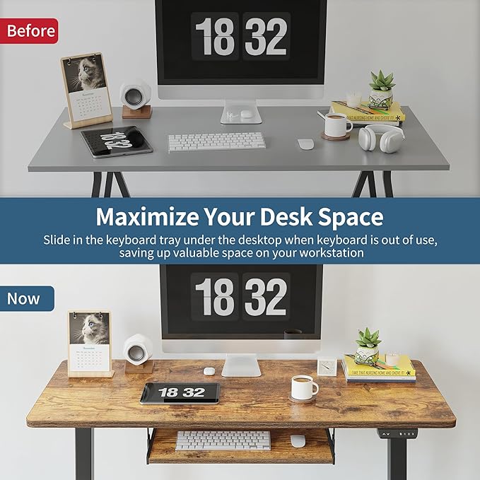 BANTI 48" x 24" Height Adjustable Electric Standing Desk with Keyboard Tray, Sit Stand up Desk with Splice Board, Black Frame/Rustic Brown Top - LeafyLoom