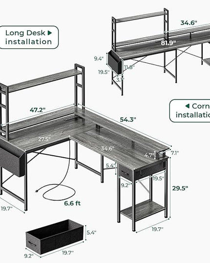 L Shaped Desk Computer Desk with LED Lights & Power Outlets, Gaming Desk with Storage Shelves, Corner Desk Home Office Desks for Bedroom, Grey - LeafyLoom