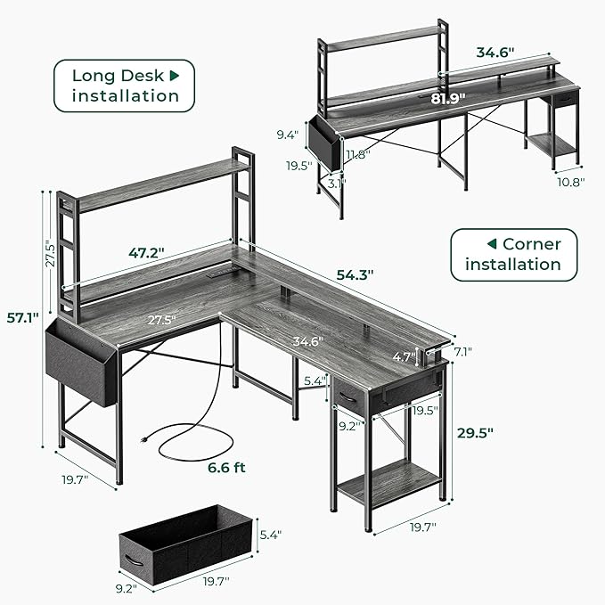 L Shaped Desk Computer Desk with LED Lights & Power Outlets, Gaming Desk with Storage Shelves, Corner Desk Home Office Desks for Bedroom, Grey - LeafyLoom