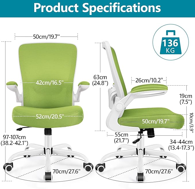 Office Chair, FelixKing Ergonomic Desk Chair Breathable Mesh Chair with Adjustable High Back Lumbar Support Flip-up Armrests, Executive Rolling Swivel Comfy Task Computer Chair for Home Office (Green) - LeafyLoom