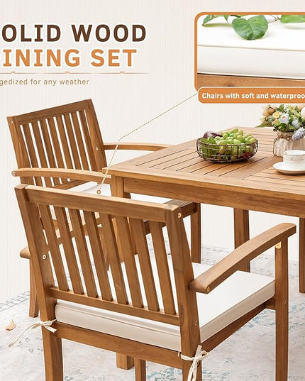 Greesum 5 Piece Patio Dining Set Outdoor Solid Wood Furniture for Yard, Garden, Porch w/Square Tabletop & 4 Chairs, White - LeafyLoom