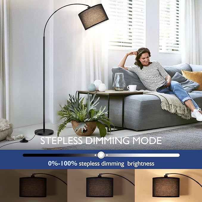 Arc Floor Lamps for Living Room, Modern Remote Control Standing Lamp with Stepless Dimmable, Black Tall Lamp with Black Drum Shade, Over Couch Arched Reading Light for Bedroom, Office(Bulb Included) - LeafyLoom