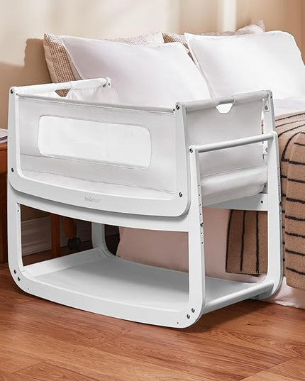 SnuzPod4, Bassinet Bedside Sleeper - Comfortable Baby Crib and Bed, 3D Breathable Mattress, Fits Bed with Adjustable Max. Height of 28.5”, Machine Washable Mesh Liner (White) - LeafyLoom