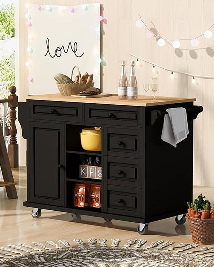 Rolling Kitchen Island Cart with Storage Cabinets and 5 Drawers, 2 Adjustable Shelf, Rubber Wood Countertop, Spice Rack & Towel Handle for Dinning Room, Coffee Bar - LeafyLoom