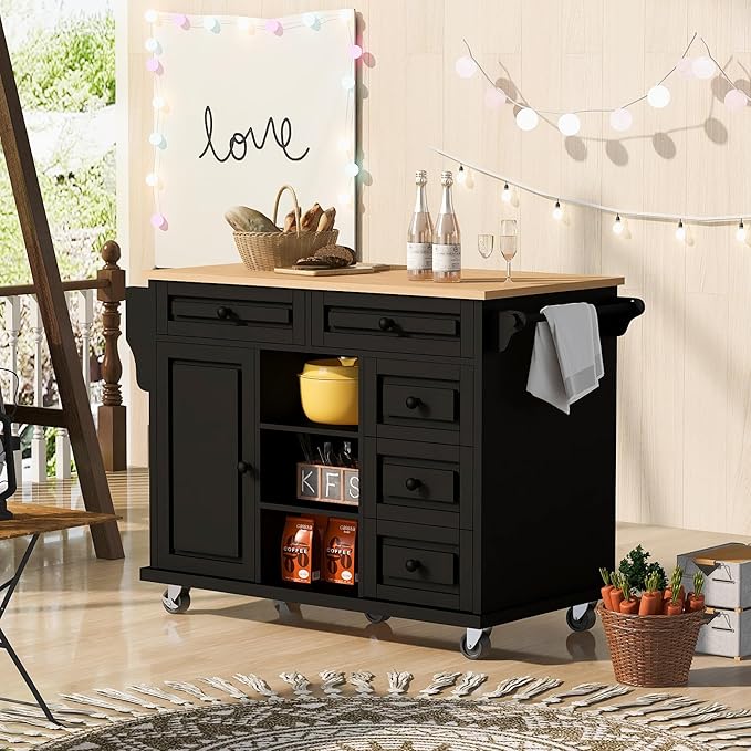 Rolling Kitchen Island Cart with Storage Cabinets and 5 Drawers, 2 Adjustable Shelf, Rubber Wood Countertop, Spice Rack & Towel Handle for Dinning Room, Coffee Bar - LeafyLoom