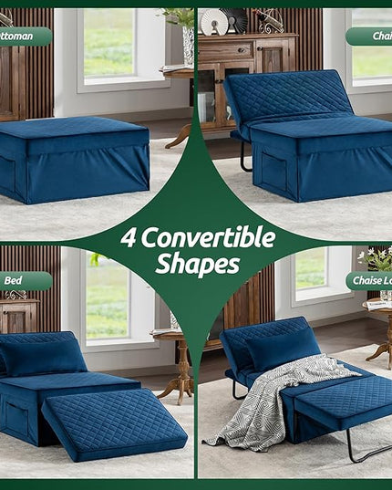 Sofa Bed, 4 in 1 Multi-Function Folding Ottoman Breathable Velvet Couch Bed with Adjustable Backrest Modern Convertible Chair for Living Room Apartment Office,Squared-Blue - LeafyLoom
