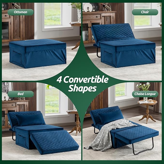 Sofa Bed, 4 in 1 Multi-Function Folding Ottoman Breathable Velvet Couch Bed with Adjustable Backrest Modern Convertible Chair for Living Room Apartment Office,Squared-Blue - LeafyLoom