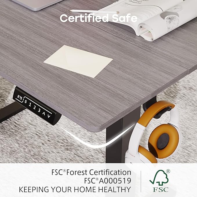 Grey Standing Desk, 48 X 24 Inch Adjustable Height Electric Desk, Sit Stand Desk with 2 Hooks, Ergonomic Rising Desk with Splice Board - LeafyLoom