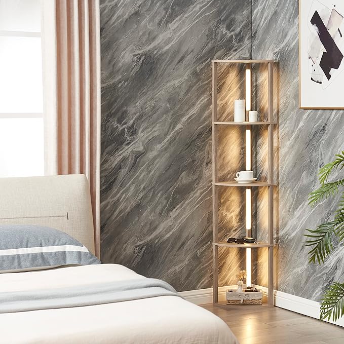 FENLO Fancy - LED Display Shelf with Dimmable Lights, LED Shelf Floor Lamps for Living Room, Sturdy Corner Shelf Curio Cabinet Display, Tall Floor Lamps with Shelves - LeafyLoom