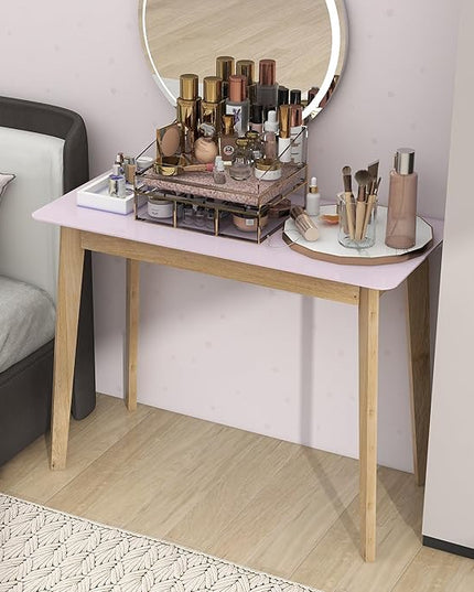 TaoHFE Pink Vanity Desk with Solid Rubber Wood Legs Glossy Pink 39 Inch Vanity Table Computer Desk for Home Small Spaces Girl Makeup Desk Modern Vanity Desk No Mirror Dressing Table for Bedroom - LeafyLoom
