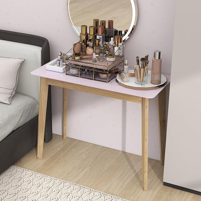TaoHFE Pink Vanity Desk with Solid Rubber Wood Legs Glossy Pink 39 Inch Vanity Table Computer Desk for Home Small Spaces Girl Makeup Desk Modern Vanity Desk No Mirror Dressing Table for Bedroom - LeafyLoom