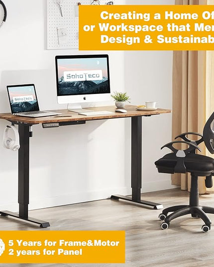 Height Adjustable Electric Stand Up Desk, 48x24 Computer Desk with Memory Presets for Home and Office, Black Frame & Brown Desktop - LeafyLoom