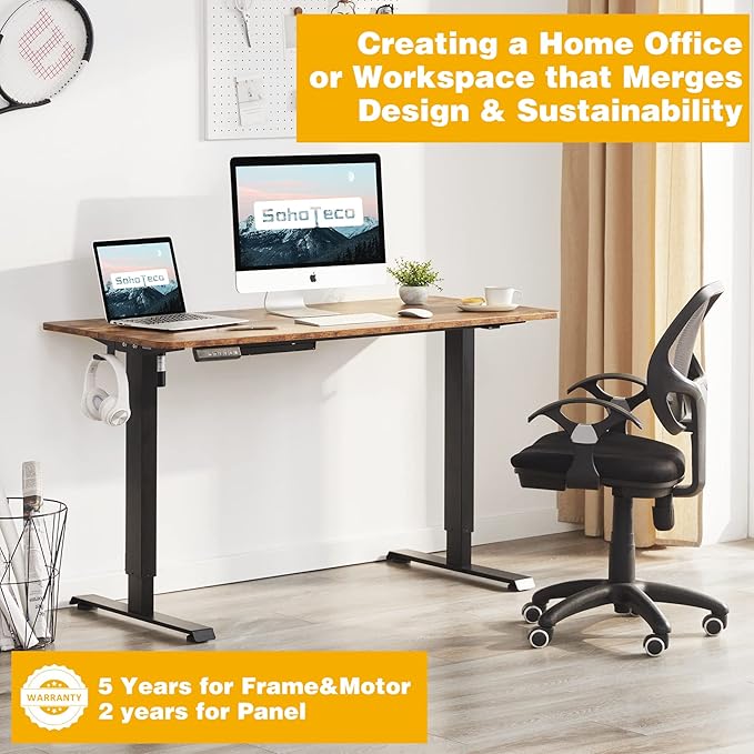 Height Adjustable Electric Stand Up Desk, 48x24 Computer Desk with Memory Presets for Home and Office, Black Frame & Brown Desktop - LeafyLoom