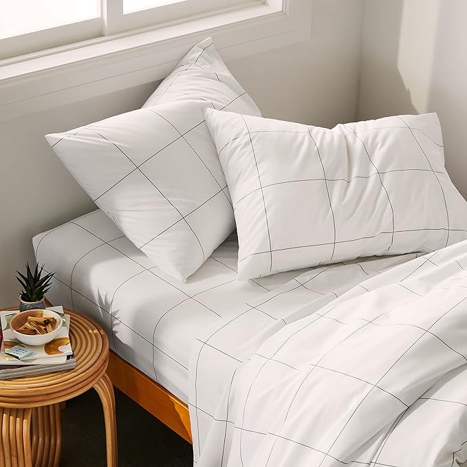 Brooklinen Luxury Sateen 4 Piece Sheet Set - 100% Cotton, Twin Size in Window Pane - 1 Fitted Sheet, 1 Flat Sheet, 2 Pillowcases | Best Luxury Sheets - LeafyLoom