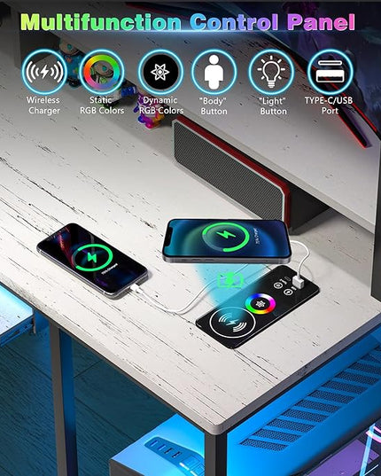 Lvifur RGB Gaming Desk with Wireless Charging Station,7 Dynamic & 24 Static Dimmable Computer Desk with Movable Table, 55'' Home Office Small Desk with Keyboard Tray,Monitor Stand,Display Stand - LeafyLoom