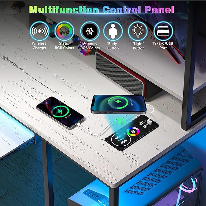 Lvifur RGB Gaming Desk with Wireless Charging Station,7 Dynamic & 24 Static Dimmable Computer Desk with Movable Table, 55'' Home Office Small Desk with Keyboard Tray,Monitor Stand,Display Stand - LeafyLoom