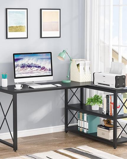 Tribesigns Reversible Industrial L-Shaped Desk with Storage Shelves, Corner Computer Desk PC Laptop Study Table Workstation for Home Office Small Space (Black, 53") - LeafyLoom