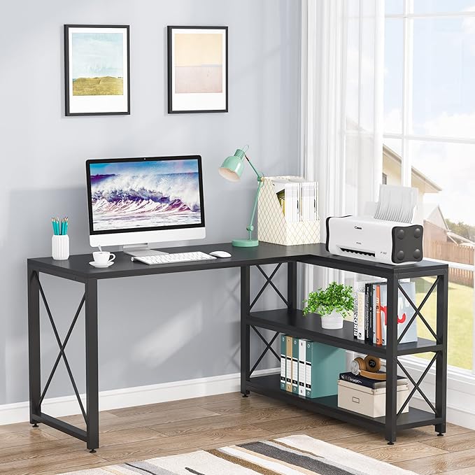 Tribesigns Reversible Industrial L-Shaped Desk with Storage Shelves, Corner Computer Desk PC Laptop Study Table Workstation for Home Office Small Space (Black, 53") - LeafyLoom