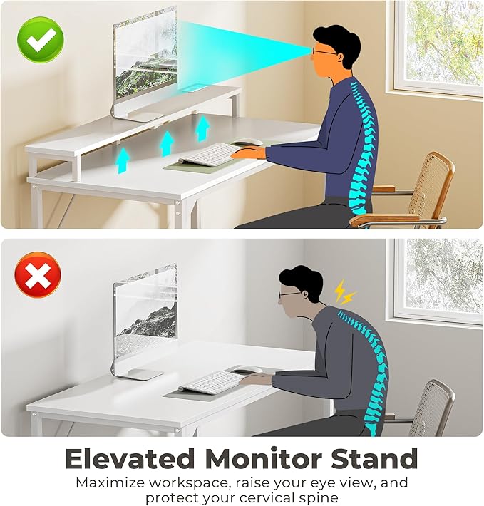 SUPERJARE 47 inch Computer Desk with LED Lights & Power Outlets, Home Office Desk with Monitor Shelf, Small Desk for Home & Office, White - LeafyLoom