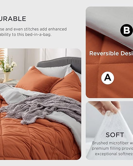 Bedsure Burnt Orange Queen Comforter Set - 7 Pieces Reversible Queen Bed in a Bag Queen Bed Set with Comforters, Sheets, Pillowcases & Shams, Queen Bedding Sets - LeafyLoom