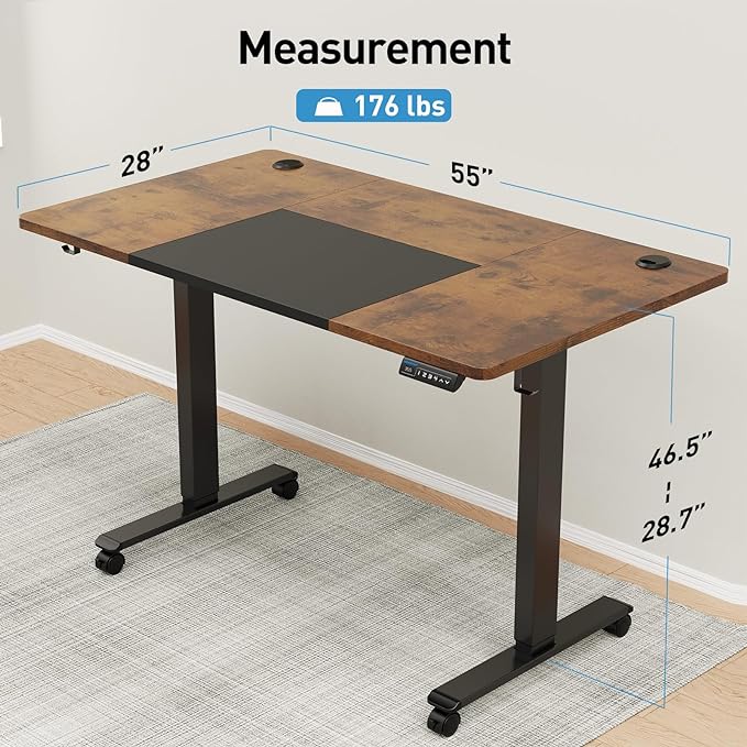 MOUNTUP 55x28 Inches Electric Height Adjustable Standing Desk, Sit Stand Desk with Memory Controller, Ergonomic Stand Up Desk for Home Office with Splice Board, Rustic Brown+Black - LeafyLoom