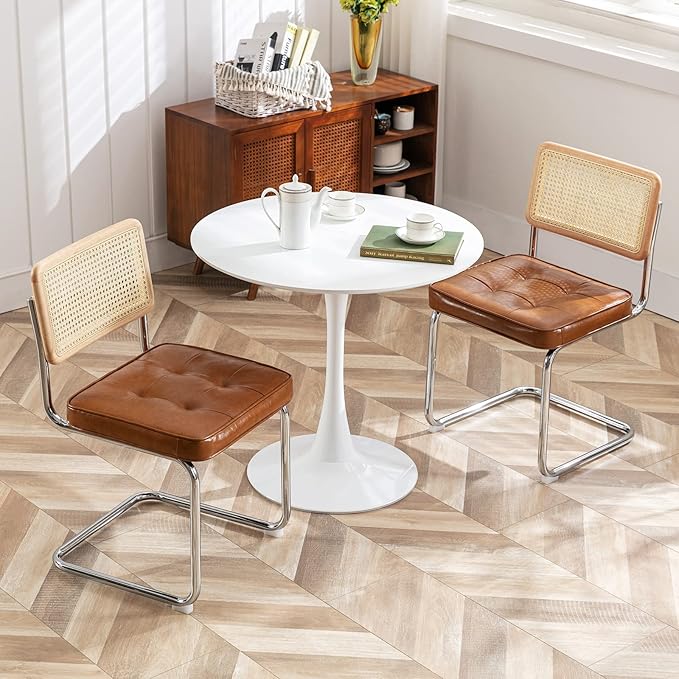 Zesthouse Mid-Century Modern Dining Chairs, Upholstered Tufted Faux Leather Accent Chairs Rattan Dining Chairs Set of 2, Armless Mesh Back Cane Chairs with Metal Chrome Legs, Brown - LeafyLoom