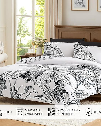 WRENSONGE King Size Comforter Set, 7 Pieces Black and White Floral Comforter Set with Sheets for King Size Bed, Flower Pattern King Bedding Set, Soft Breathable Bed in a Bag King for All Seasons - LeafyLoom
