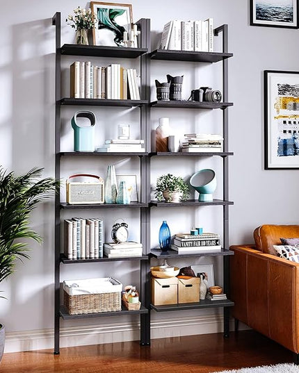 ODK 6-Tier Ladder Shelf, 87 Inches Wall Mounted Ladder Bookshelf with Metal Frame, Open Industrial Shelves for Home Office, Bedroom and Living Room, Black - LeafyLoom