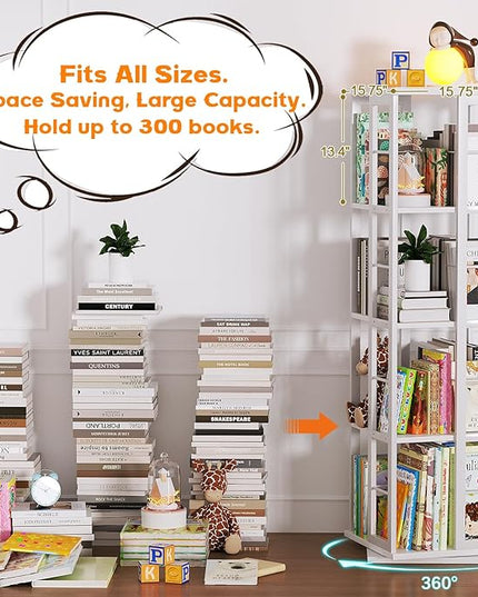 Aheaplus Rotating Bookshelf, Corner Bookshelf, 360 Display Wood Spinning Bookshelf, Floor Standing Bookcase Narrow Shelf Revolving Organizer Storage Rack for Small Space, Bedroom, Study Room, White - LeafyLoom