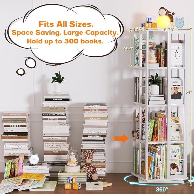 Aheaplus Rotating Bookshelf, Corner Bookshelf, 360 Display Wood Spinning Bookshelf, Floor Standing Bookcase Narrow Shelf Revolving Organizer Storage Rack for Small Space, Bedroom, Study Room, White - LeafyLoom
