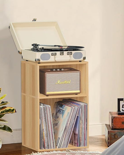 LEYAOYAO 2 Cube Bookshelf,Natural Record Player Stand Holds up to 100 Albums, Mini Wood Book Shelf Storage Organizer,Turntable Stand with Vinyl Storage Cabinet, Narrow Open Bookcase for Small Spaces - LeafyLoom