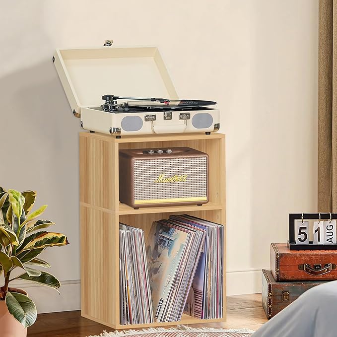 LEYAOYAO 2 Cube Bookshelf,Natural Record Player Stand Holds up to 100 Albums, Mini Wood Book Shelf Storage Organizer,Turntable Stand with Vinyl Storage Cabinet, Narrow Open Bookcase for Small Spaces - LeafyLoom