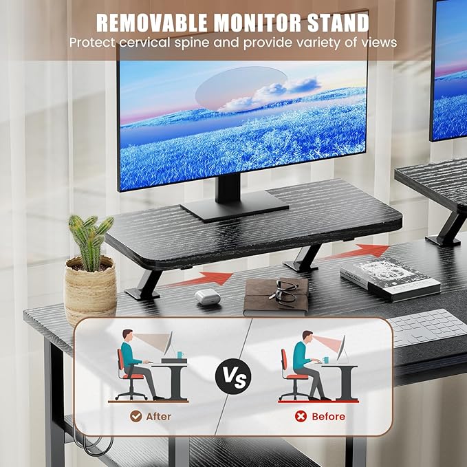 L-Shaped Gaming Desk with Hutch, Monitor Stands, Storage Shelves, LED Lights & Power Outlets - 94.5 inch Reversible Black Corner Computer Desk for Home Office - LeafyLoom