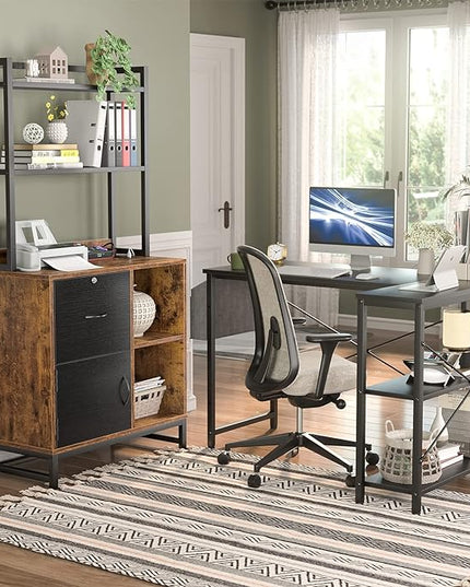 Homieasy Vertical Filing Cabinet with Lock & Charging Station, Large Drawer Wood File Cabinet with Bookshelf, Printer Stand with Open Storage Shelf, fits Letter Size for Home Office, Black and Rustic - LeafyLoom