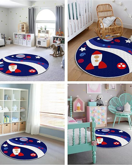 Eanpet Round Rug for Kids Room 4ft Nonslip Circle Area Rug for Boys and Girls Soft Toddlers Play Mat Circular Nursery Rug Indoor Floor Mats Carpet for Children Classroom Playroom Bedroom,Universe - LeafyLoom
